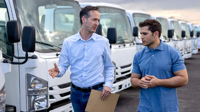 Two men talking and walking past a fleet of trucks which are parked in a neat line.