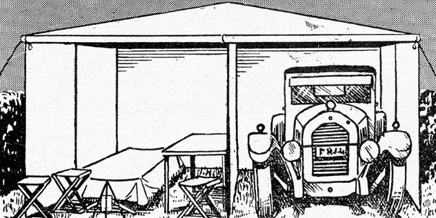 black and white illustration of a 1930s nrma motor park garaging tent with vintage car on one side and picnic table and stools on the other