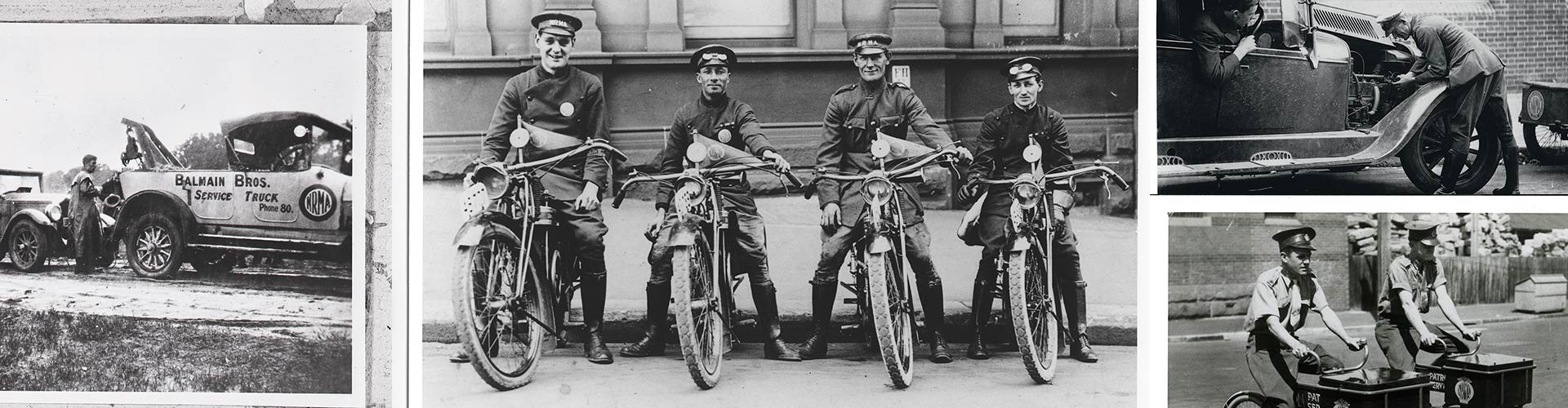 Collage of historical images of NRMA roadside assistance and the first NRMA patrols