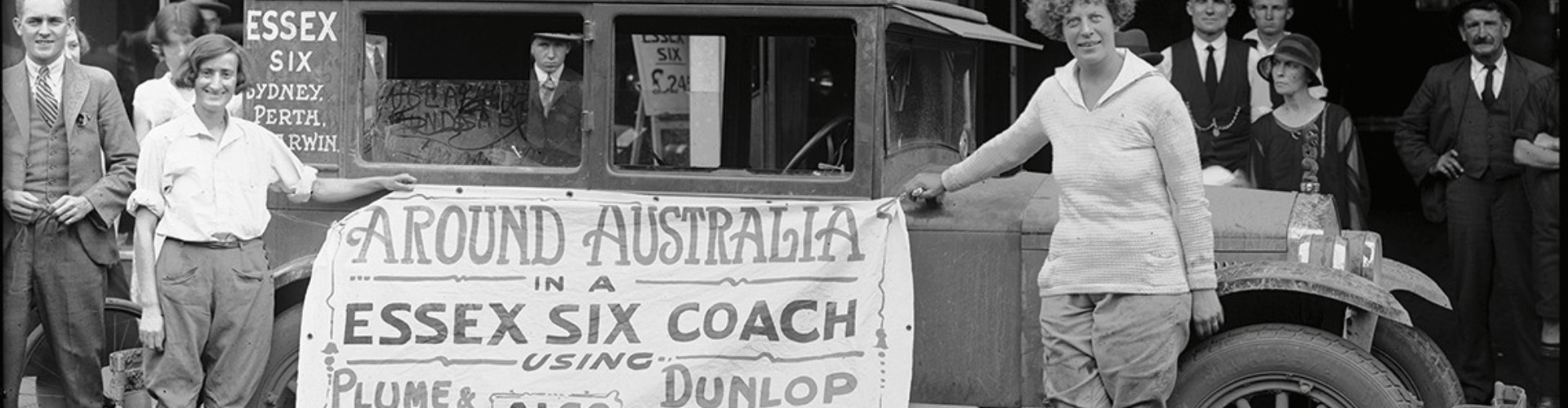 NRMA Womens Auxiliary president Gladys Sandford 1927 Australian road trip 1927 black and white photo of female motoring pioneers Gladys Sandford and Stella Christie with their Essex Six car before their around Australia road trip