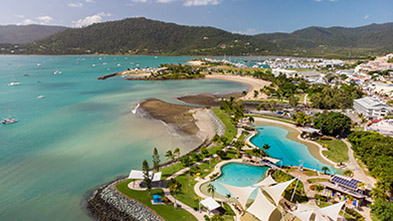 Airlie Beach Lagoon aerial, credit: Tourism and Events Queensland