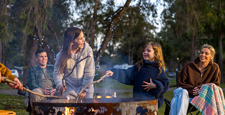 Family around the campfire evening