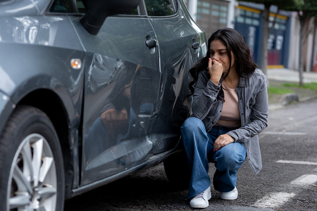 Crouching woman upset about her damaged car