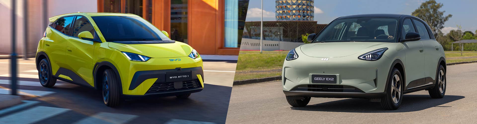 A yellow car montaged with a green grey car