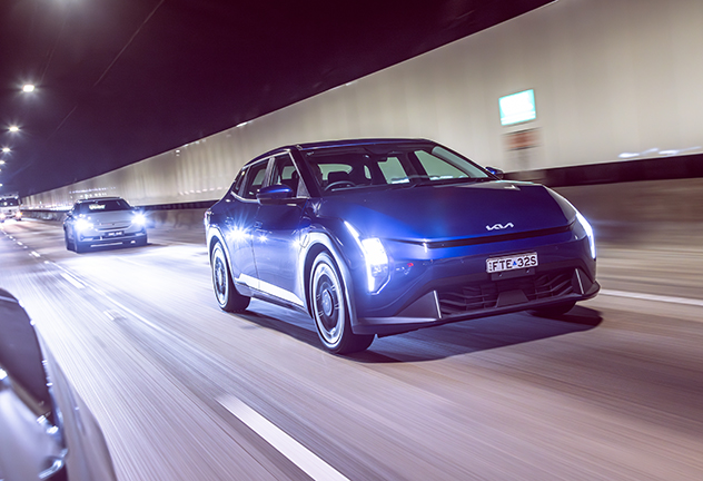 Polestar 2, Kia EV4, and Tesla Model 3 in a tunnel