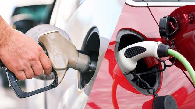 A montage of a petrol bowser and an EV charger