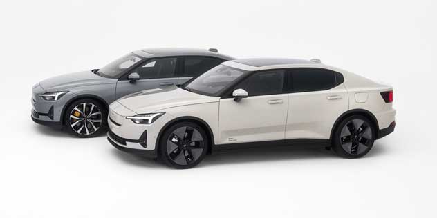 Two polestar 2s lined seen from side angle