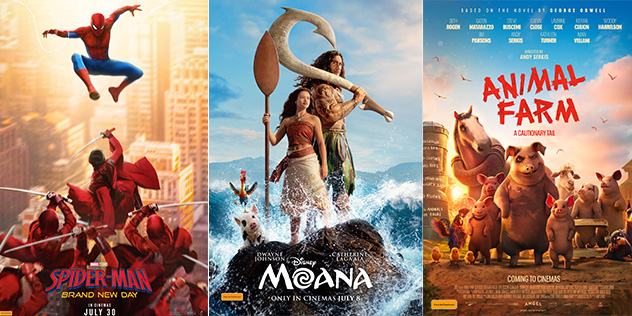 Spiderman, Moana, Animal Farm movie posters. New releases for July 2026