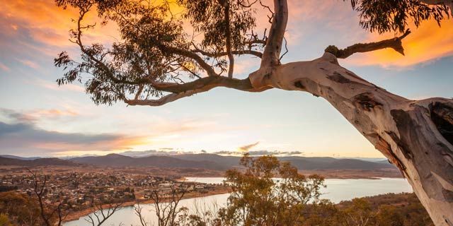 Sun setting over Lake Jindabyn in the Snowy Mountains.