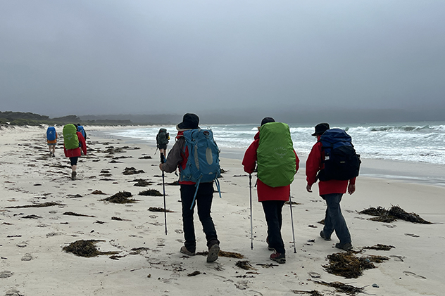 Walkers on a beach Maria Island in Tasmania