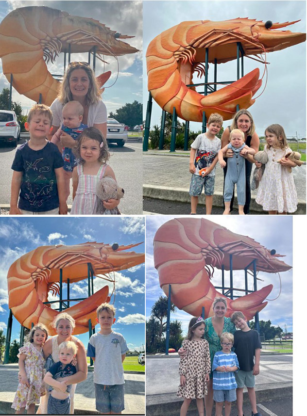 Collage of family photos at a Big Prawn attraction