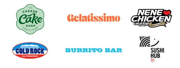 Logos for Cheesecake Shop, Gelatissimo, Nene Chicken, Cold Rock, Burrito Bar and Sushi Hub