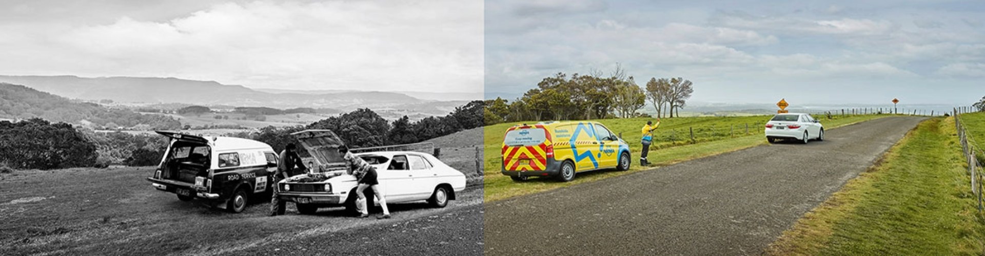 A split landscape photograph of cars being attended to by NRMA on the roadside, half modern day in colour, half 1970s in black and white.