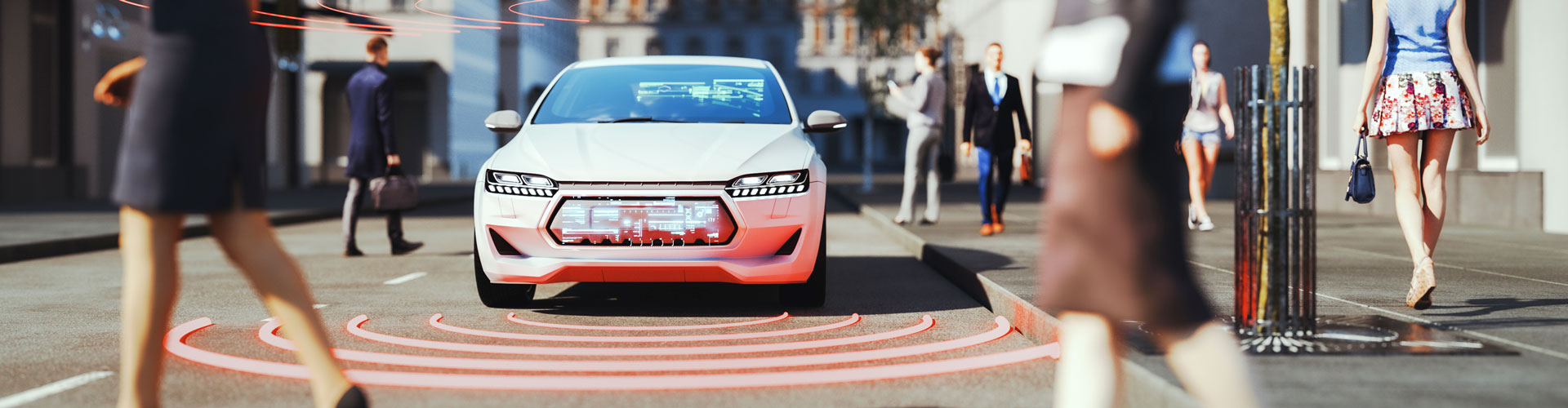 AI generated image of an autonomous car sensing its way through pedestrians on a busy thoroughfare