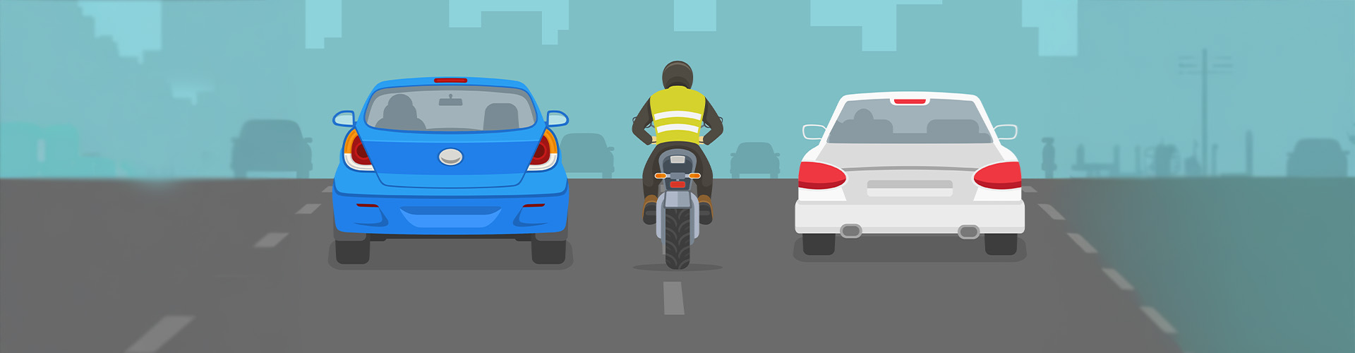 Animated motorcycle between two cars