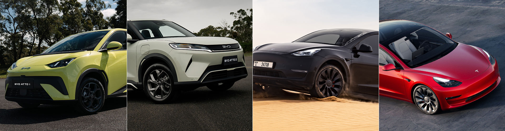 Montage of BYD Atto 1, BYD Atto 2, Tesla Model 3 and Tesla Model Y