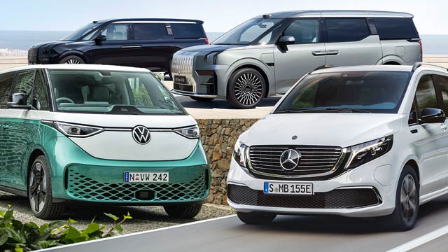 Montage of one white and one black Zeekr 009, a green and white ID.Buzz and a white EQV