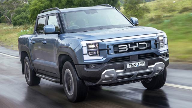 BYD Shark PHEV ute driving on country road