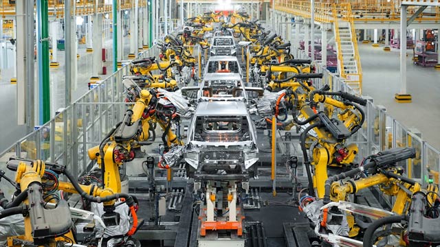 View from above of BYD car factory line