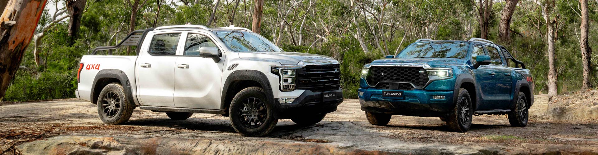 White Foton Tunland V7 and blue V9 parked on rocky outcrop in bushland