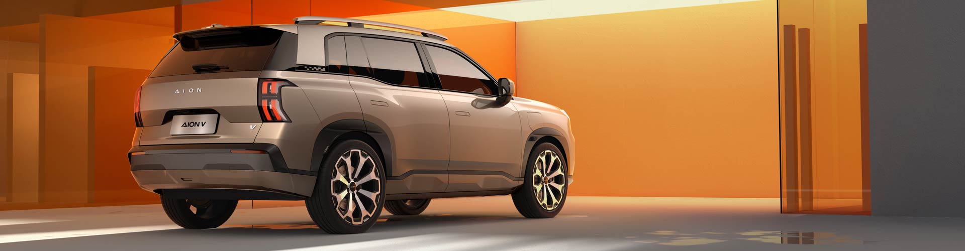 Rear view of a copper coloured SUV on an orange background