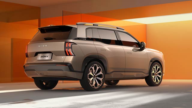 Rear view of a copper coloured SUV on an orange background