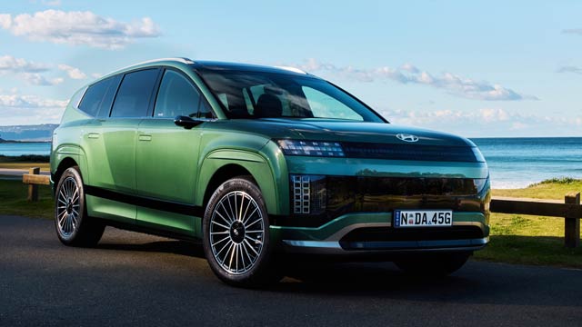 Green Hyundai Ioniq 9 parked by the beach