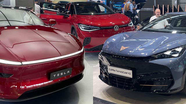 Photo montage of 2025 Tesla Model Y, Volkswagen ID.5 and Cupra Tavascan