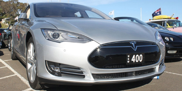 A Tesla Model S parked in a car dealership