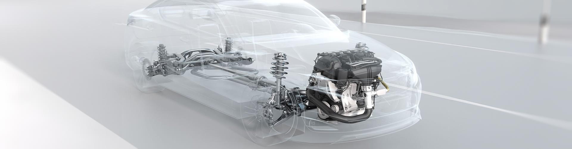 Computer generated 3D diagram of an engine placed inside a transparent car