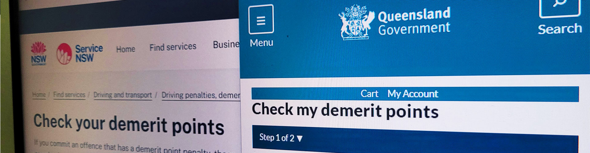 Computer monitor screen showing websites to check demerit points