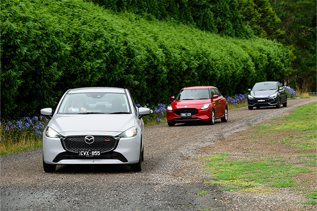 2025 Mazda2, MG3 Hybrid Excite and Suzuki Swift Hybrid Plus group photo