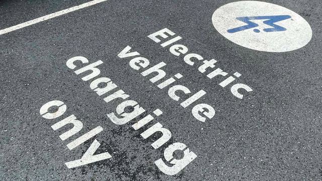 A parking bay saying 'Electric vehicle charging only'.