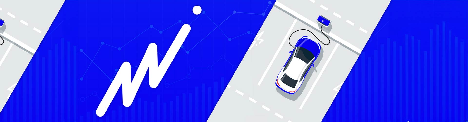 EV graphic with blue accents and charging car icon