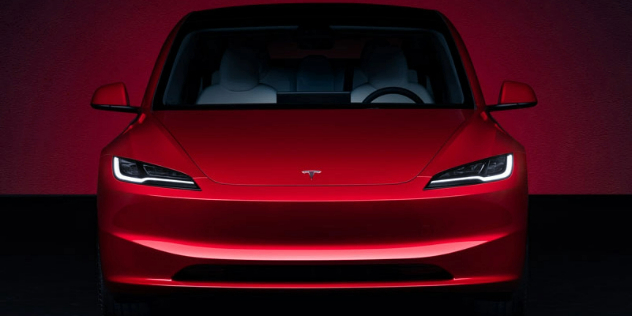 Front view of a red 2024 Tesla Model 3.