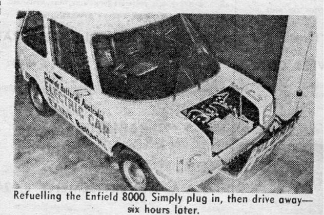 Black and white photo of a small hatchback car, with the words Deliver better for Australia on the side, being fuelled, with the caption, Simply plug then drive away six hours later.