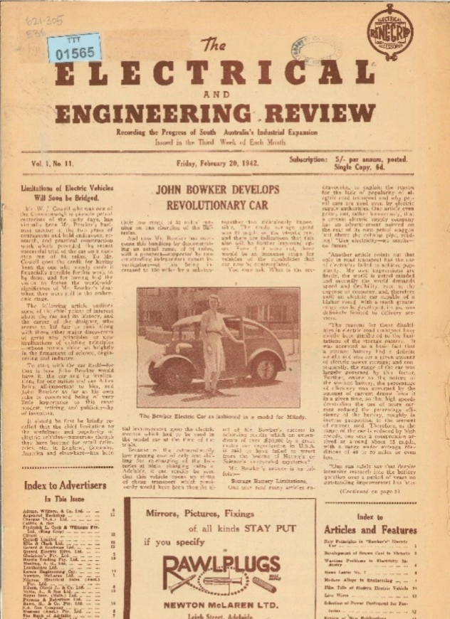 Front page of the Electrical and Engineering Review, circa 1942, with a feature on John Bowker and his revolutionary new electric car. 