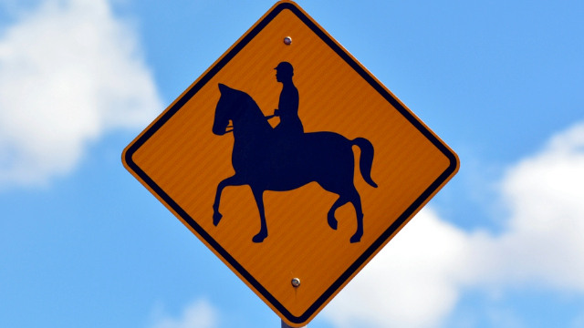 A road sign displaying a horse and rider