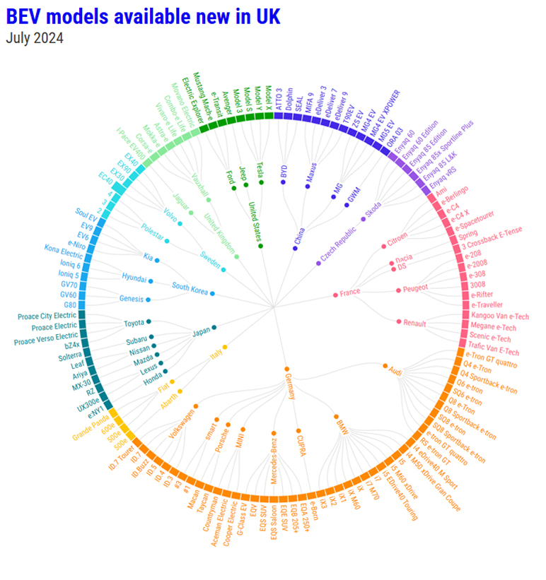 Chart of battery electric vehicle makes and models available in the UK in 2024