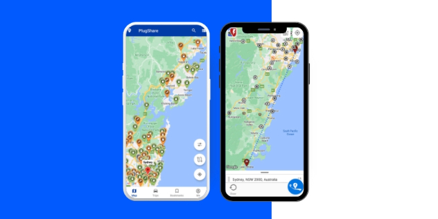 Two mobile phones with EV charging apps and route planning