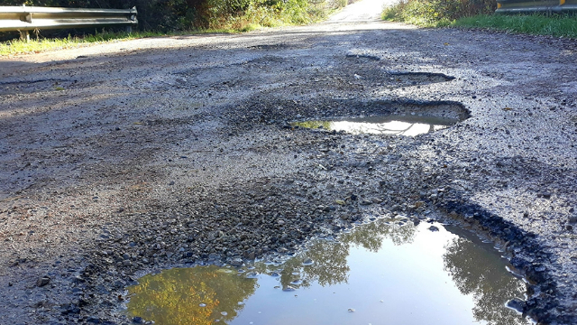 Potholes on a country road after rain