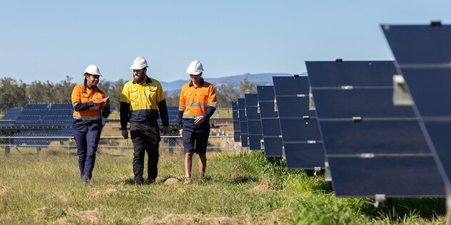 Rows of solar panels sit facing the sun