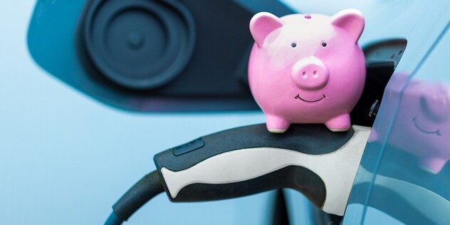 A pink piggy bank sits on the plugged-in charge cable of an EV