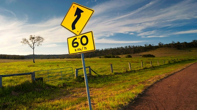 A speed limit sign beside a country road