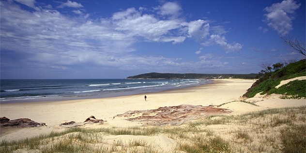 lone person enjoys deserted white sandy beach looking out to sea