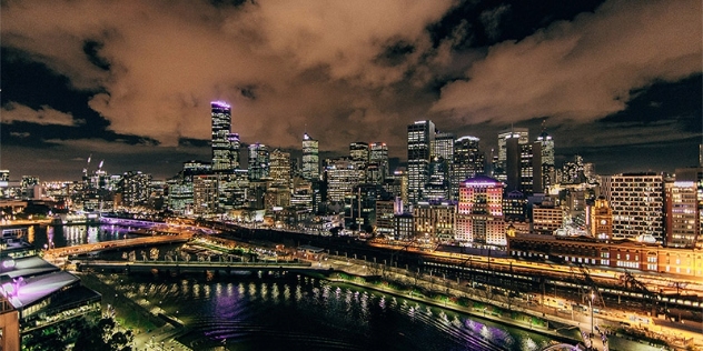 Arial shot Melbourne CBD skyline at night