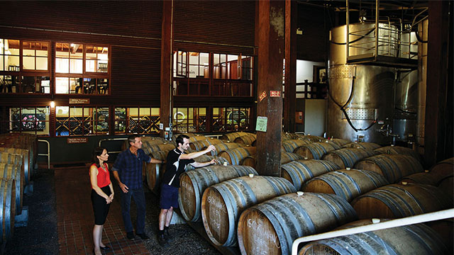 A couple stands next to rows of large barrels inside a winery, as a man taps one to fill a glass. 