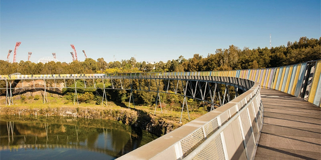 A wood and metal walking bridge on metal stilts, curves around trees and a grassy, sunlit shoreline below.