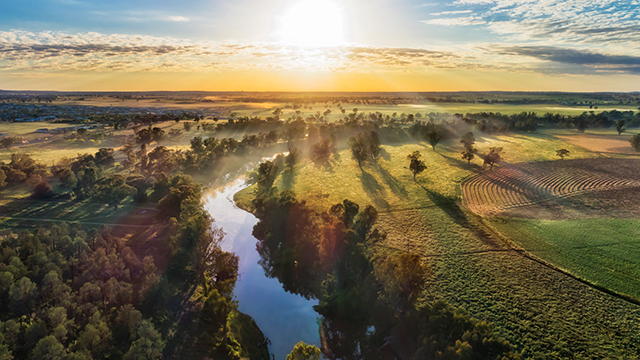 Macquarie river in Dubbo near Dundullmal homestead and farm fields in aerial sunrise scenic view