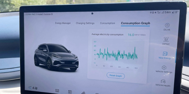 screen showing average electricity consumption in a graph for the Atto 3 electric vehicle